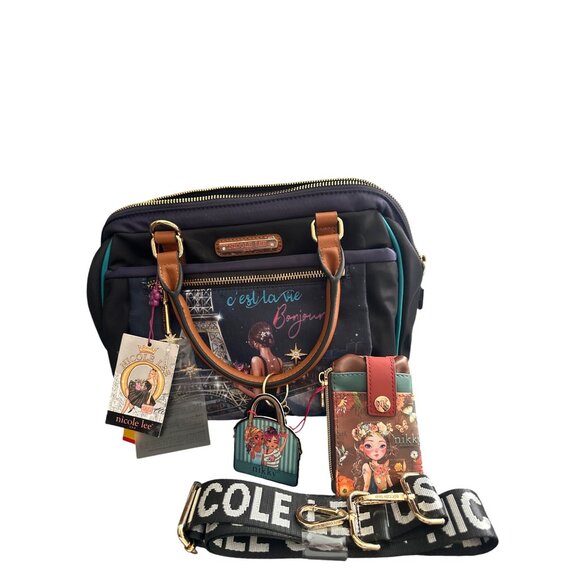 Nicole Lee USA CEst La Vie Bonjour Satchel Handbag W/ Polka Dot Lining & Matchin - Picture 5 of 12